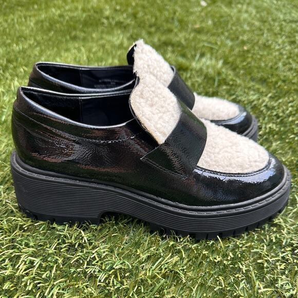 Steve Madden Melvern Sherpa Patent Leather Chunky Lugsole Y2K Platform Loafers 6 - Picture 1 of 11